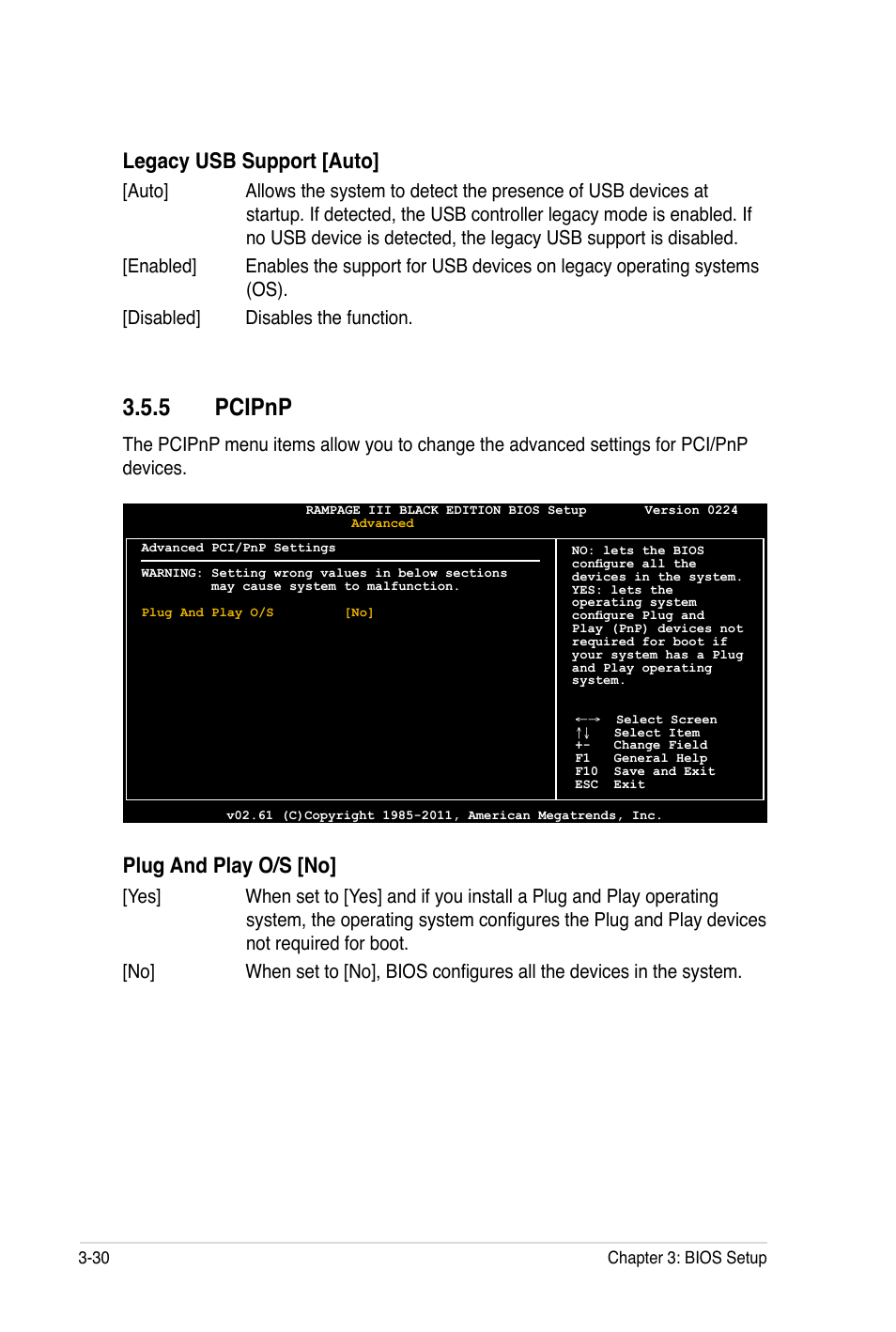 5 pcipnp, Plug and play o/s [no, Legacy usb support [auto | Asus Rampage III Black Edition User Manual | Page 126 / 198