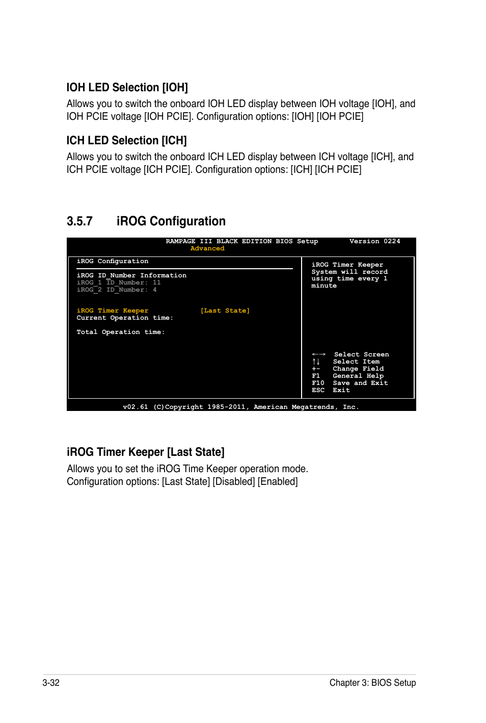 Irog configuration, Ioh led selection [ioh, Ich led selection [ich | Irog timer keeper [last state | Asus Rampage III Black Edition User Manual | Page 128 / 198