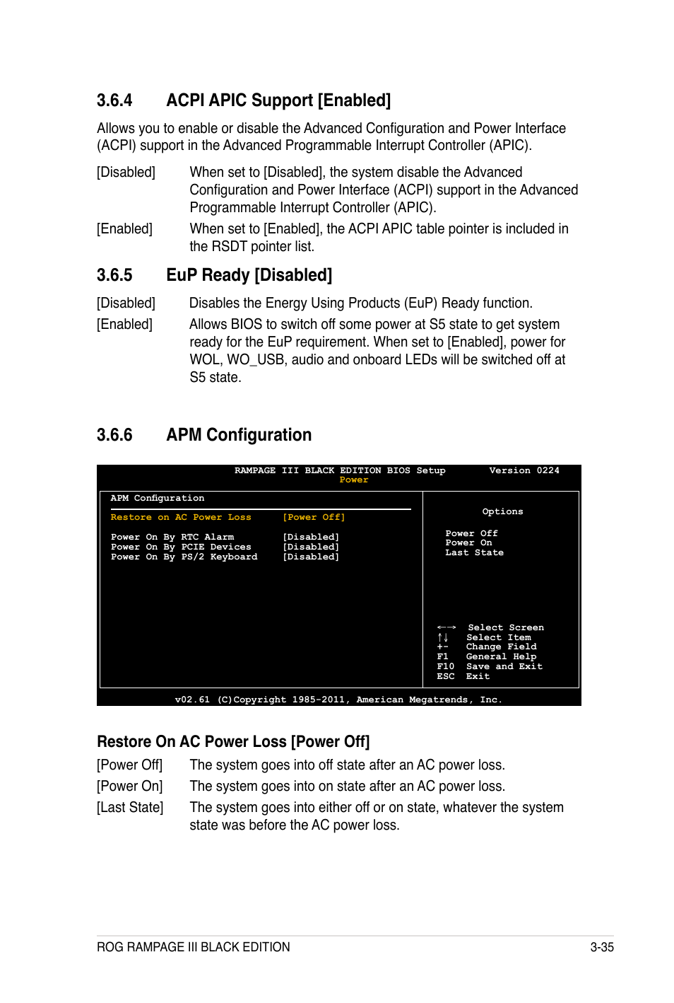 Apm configuration, 4 acpi apic support [enabled, 5 eup ready [disabled | Restore on ac power loss [power off | Asus Rampage III Black Edition User Manual | Page 131 / 198