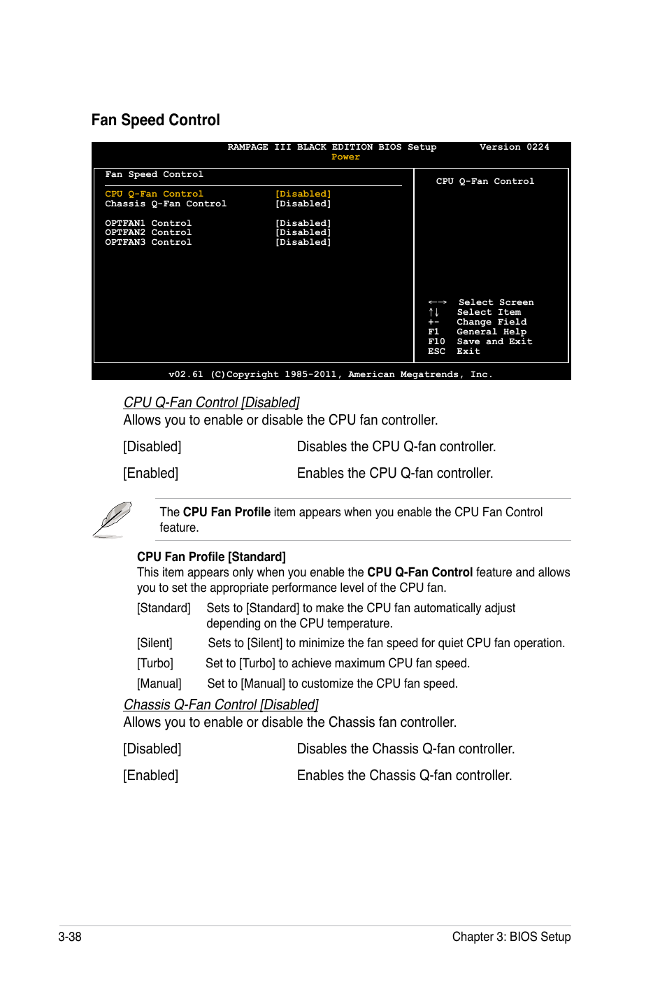 Fan speed control, Cpu q-fan control [disabled, Chassis q-fan control [disabled | Asus Rampage III Black Edition User Manual | Page 134 / 198