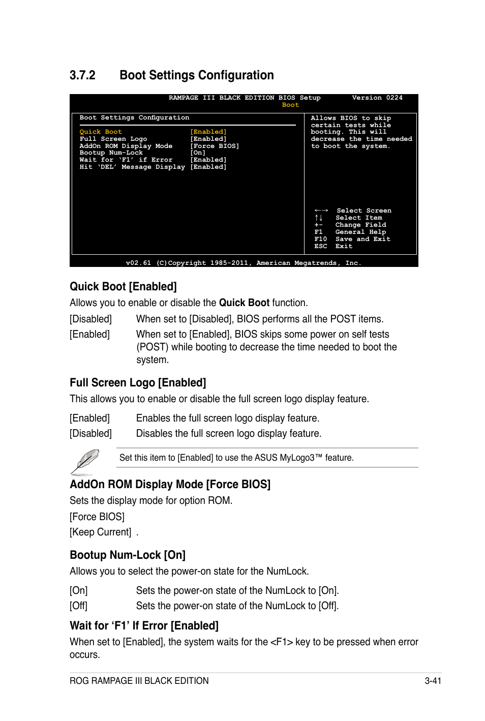 2 boot settings configuration, Quick boot [enabled, Full screen logo [enabled | Addon rom display mode [force bios, Bootup num-lock [on, Wait for ‘f1’ if error [enabled | Asus Rampage III Black Edition User Manual | Page 137 / 198