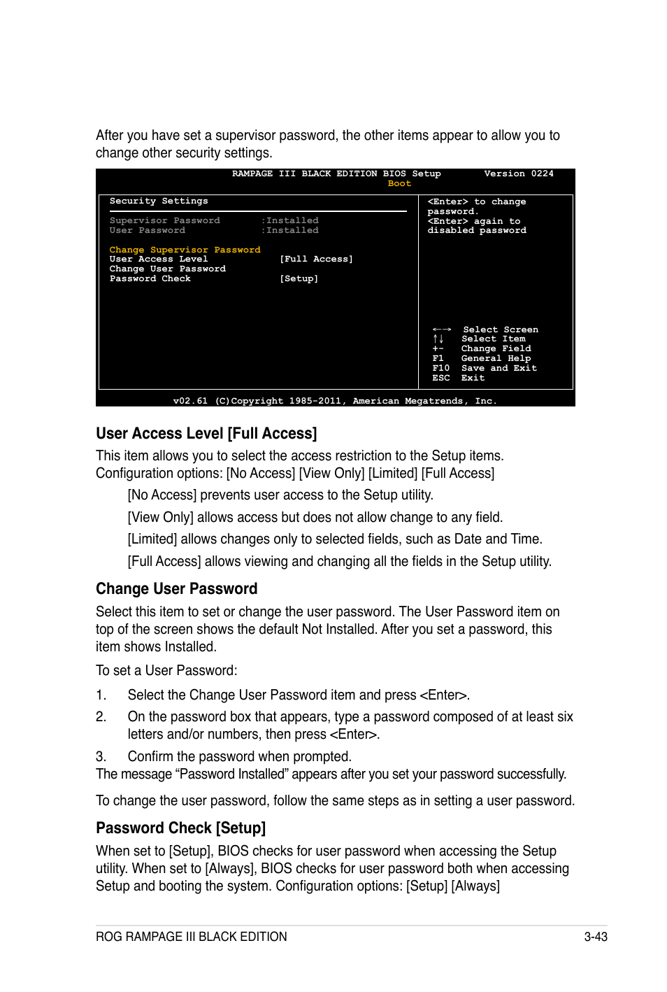 User access level [full access, Change user password, Password check [setup | Asus Rampage III Black Edition User Manual | Page 139 / 198