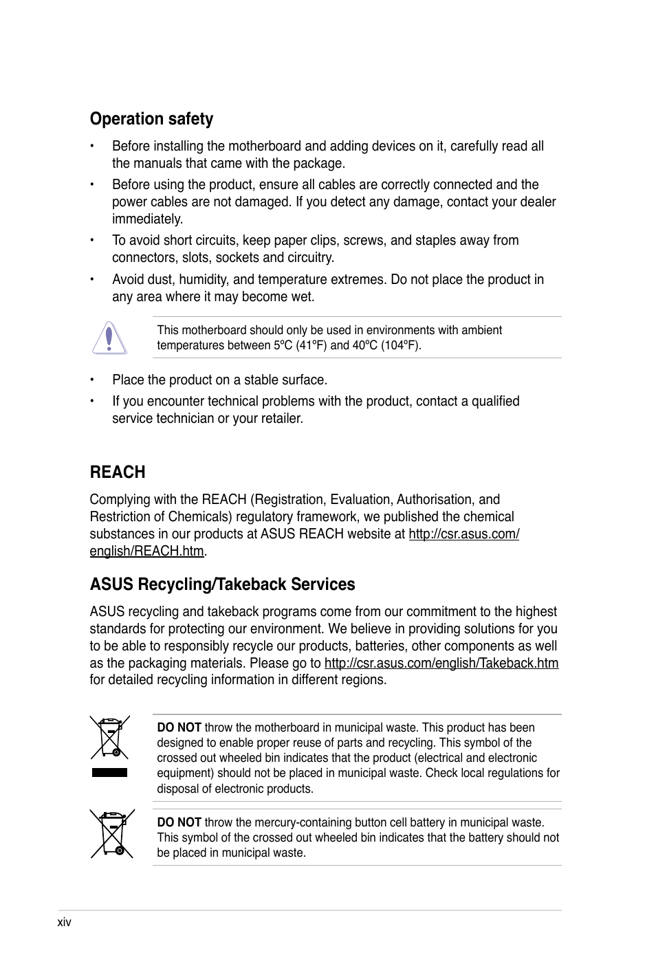 Operation safety, Reach, Asus recycling/takeback services | Asus Rampage III Black Edition User Manual | Page 14 / 198