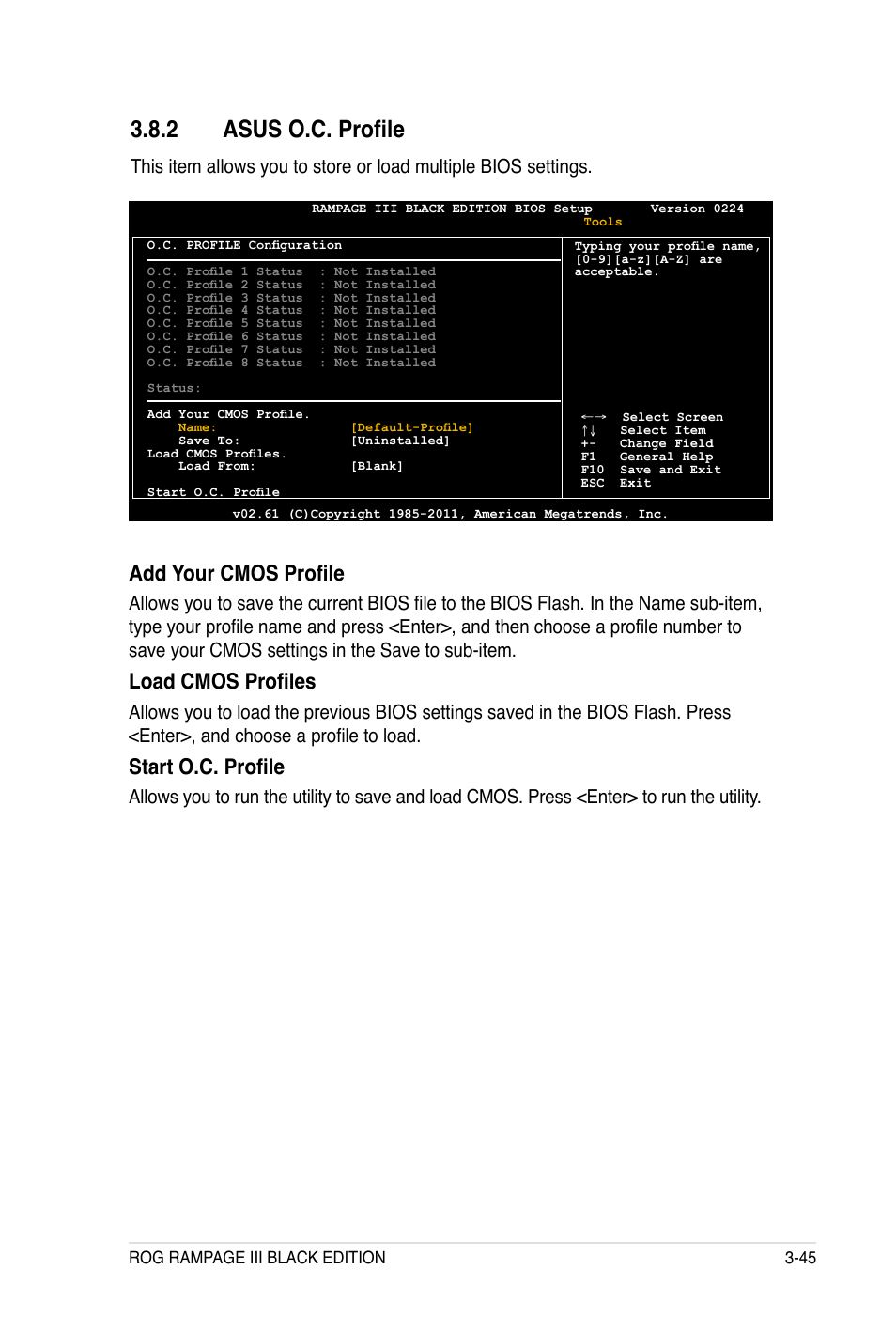 2 asus o.c. profile, Add your cmos profile, Load cmos profiles | Start o.c. profile | Asus Rampage III Black Edition User Manual | Page 141 / 198