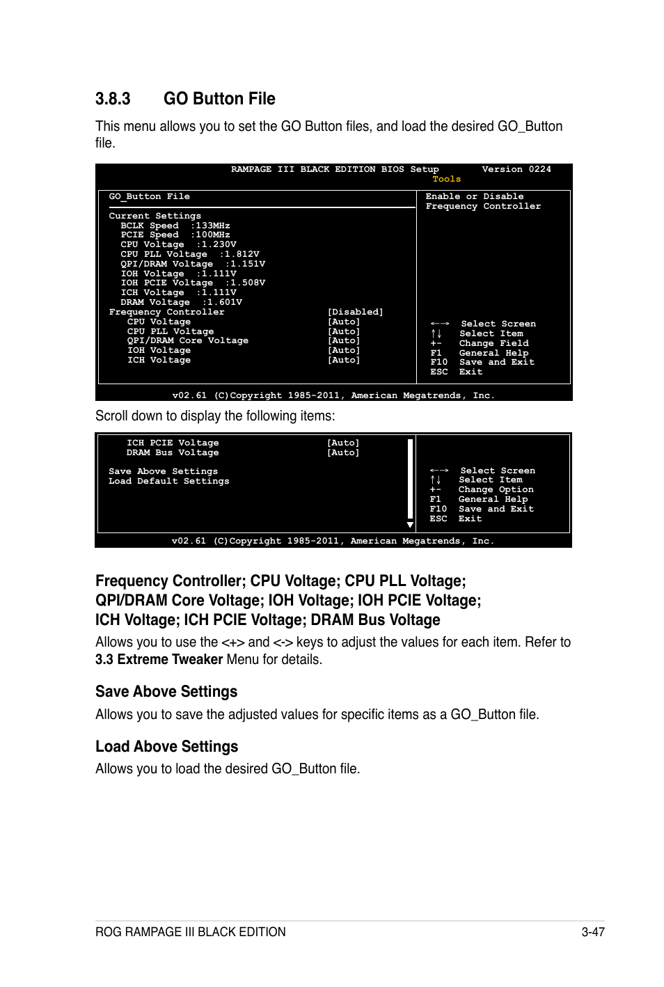 3 go button file, Save above settings, Load above settings | Allows you to load the desired go_button file, Scroll down to display the following items, Rog rampage iii black edition 3-47 | Asus Rampage III Black Edition User Manual | Page 143 / 198