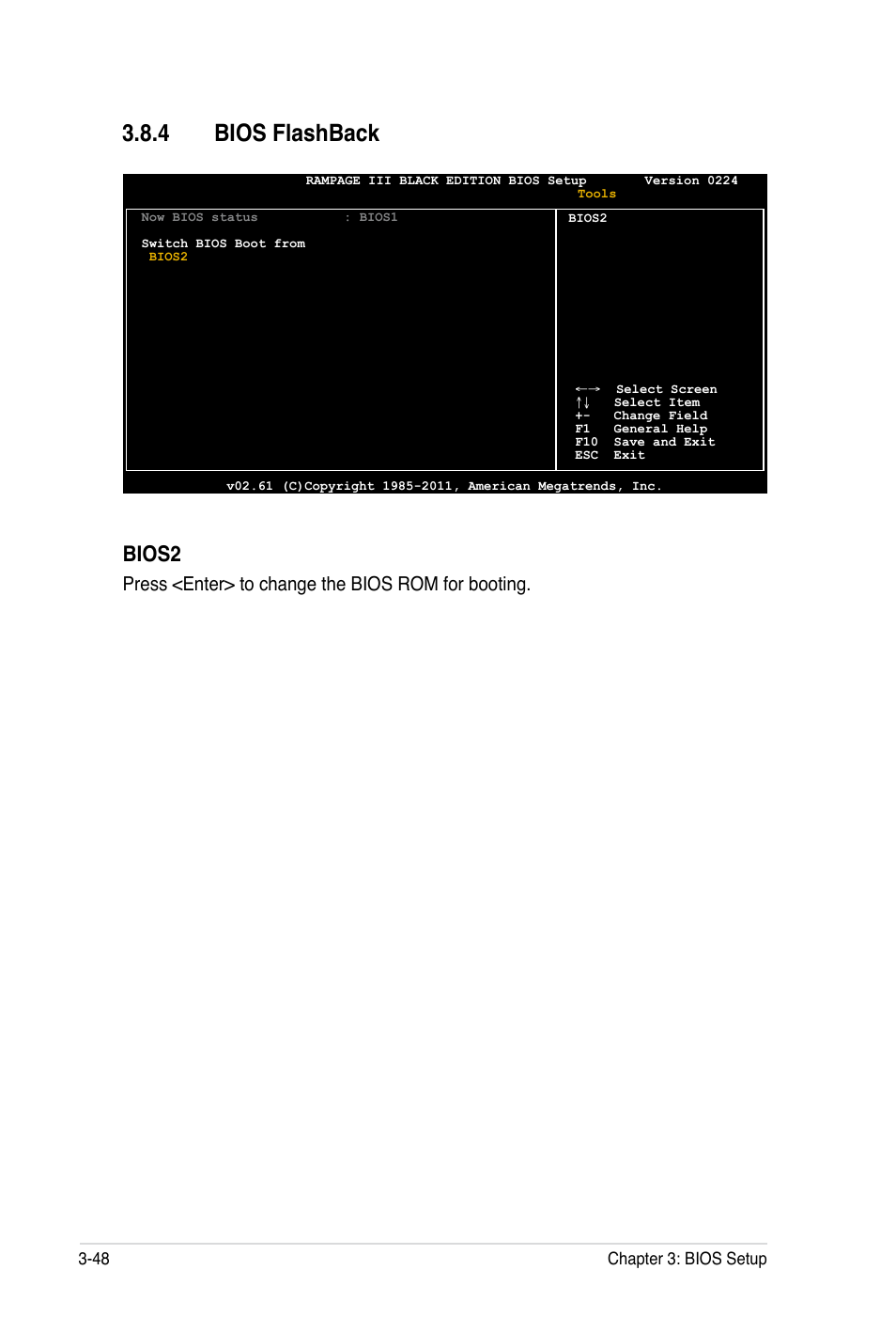 4 bios flashback, Bios2, Press <enter> to change the bios rom for booting | Asus Rampage III Black Edition User Manual | Page 144 / 198