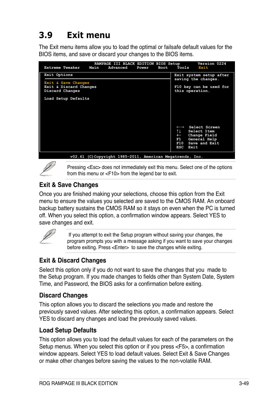 9 exit menu, Exit & save changes, Exit & discard changes | Discard changes, Load setup defaults | Asus Rampage III Black Edition User Manual | Page 145 / 198