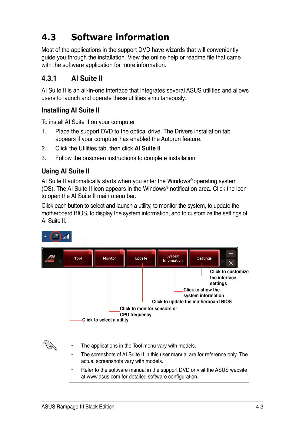 3 software information, 1 ai suite ii, Installing ai suite ii | Using ai suite ii | Asus Rampage III Black Edition User Manual | Page 151 / 198