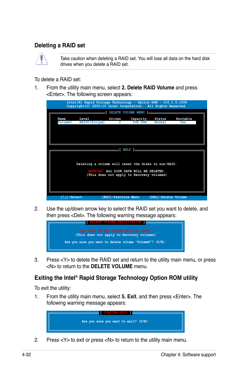 Deleting a raid set, Exiting the intel, Rapid storage technology option rom utility | Asus Rampage III Black Edition User Manual | Page 180 / 198