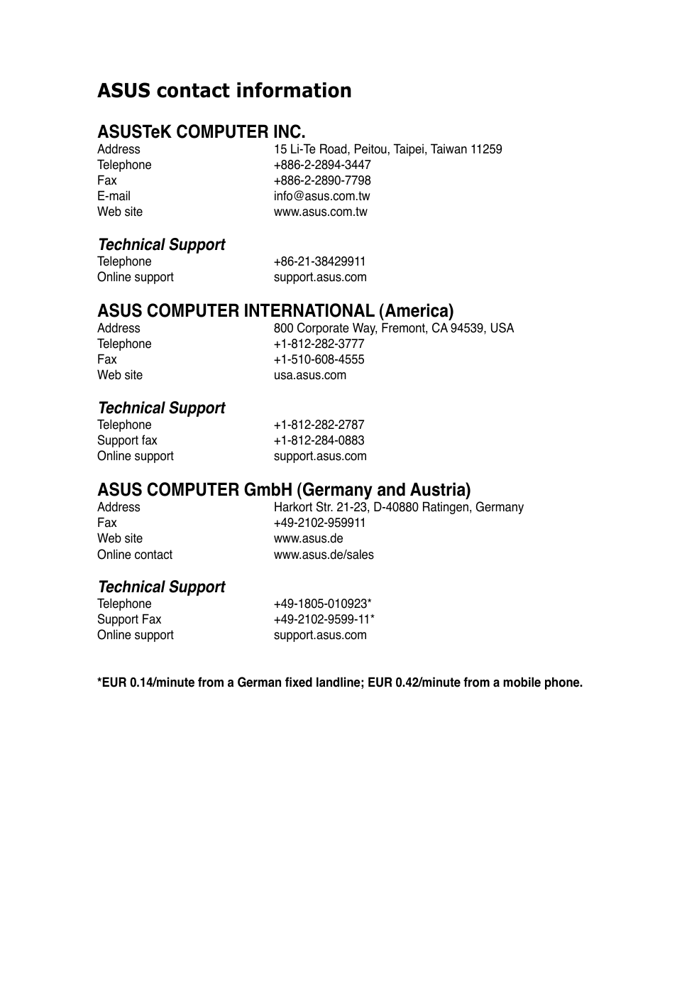 Asus contact information, Asustek computer inc, Asus computer international (america) | Asus computer gmbh (germany and austria), Technical support | Asus Rampage III Black Edition User Manual | Page 195 / 198