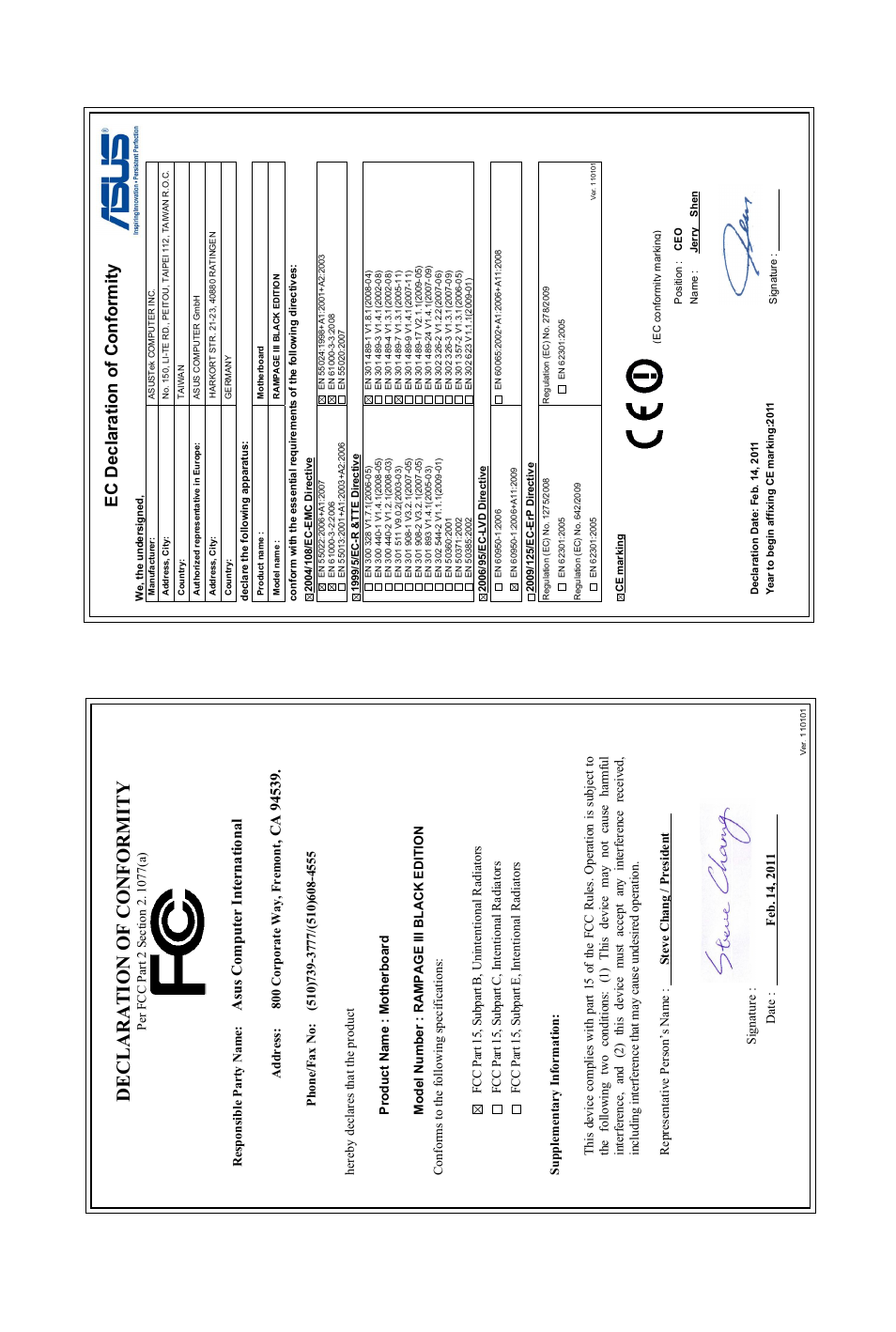 Declaration of conformity, Ec declaration of conformity, Asu s c om pu te r in te rn at io na l | Asus Rampage III Black Edition User Manual | Page 196 / 198