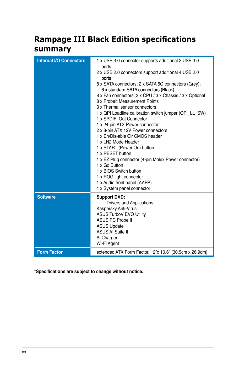 Rampage iii black edition specifications summary | Asus Rampage III Black Edition User Manual | Page 20 / 198