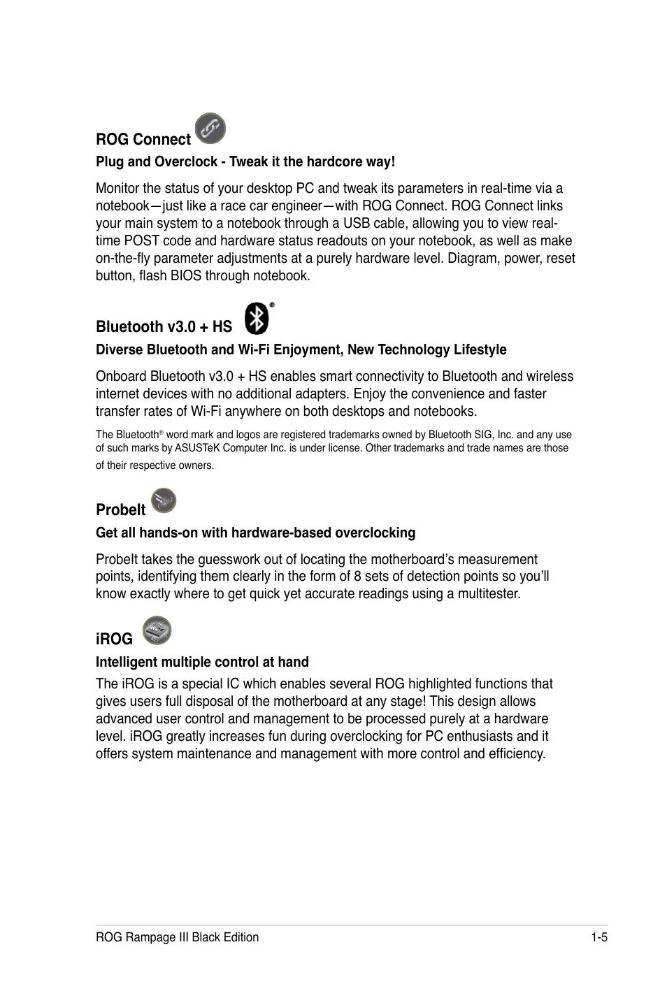 Rog connect, Bluetooth v3.0 + hs, Probeit | Irog | Asus Rampage III Black Edition User Manual | Page 27 / 198