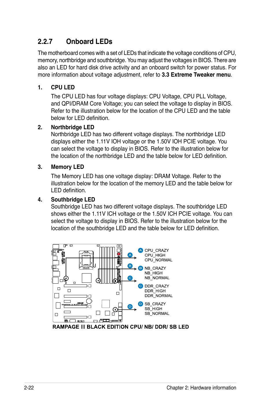 7 onboard leds | Asus Rampage III Black Edition User Manual | Page 54 / 198