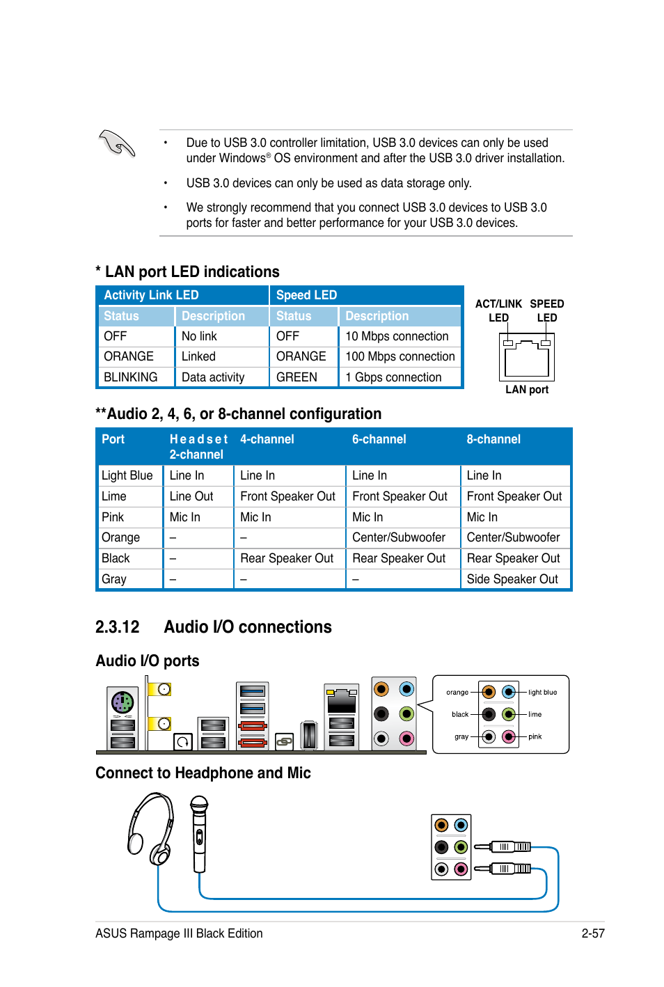 12 audio i/o connections, Audio 2, 4, �, or �-channel configuration, Lan port led indications | Audio i/o ports connect to headphone and mic | Asus Rampage III Black Edition User Manual | Page 89 / 198