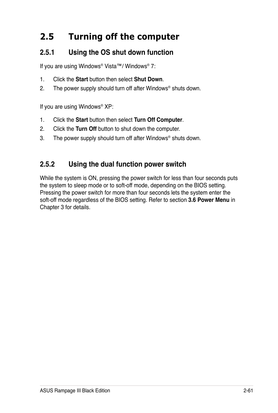 5 turning off the computer, 1 using the os shut down function, 2 using the dual function power switch | Asus Rampage III Black Edition User Manual | Page 93 / 198