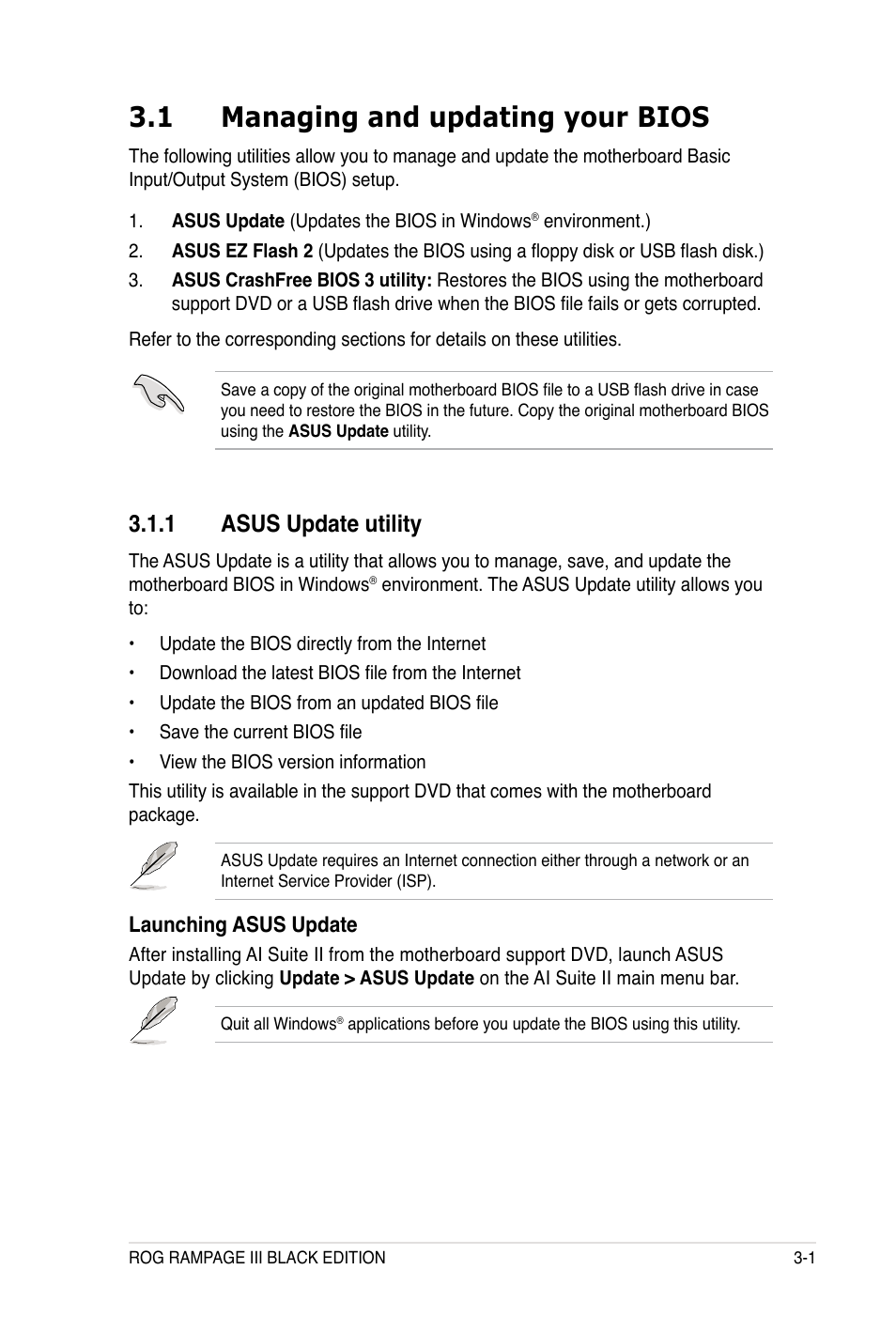 1 managing and updating your bios, 1 asus update utility | Asus Rampage III Black Edition User Manual | Page 97 / 198