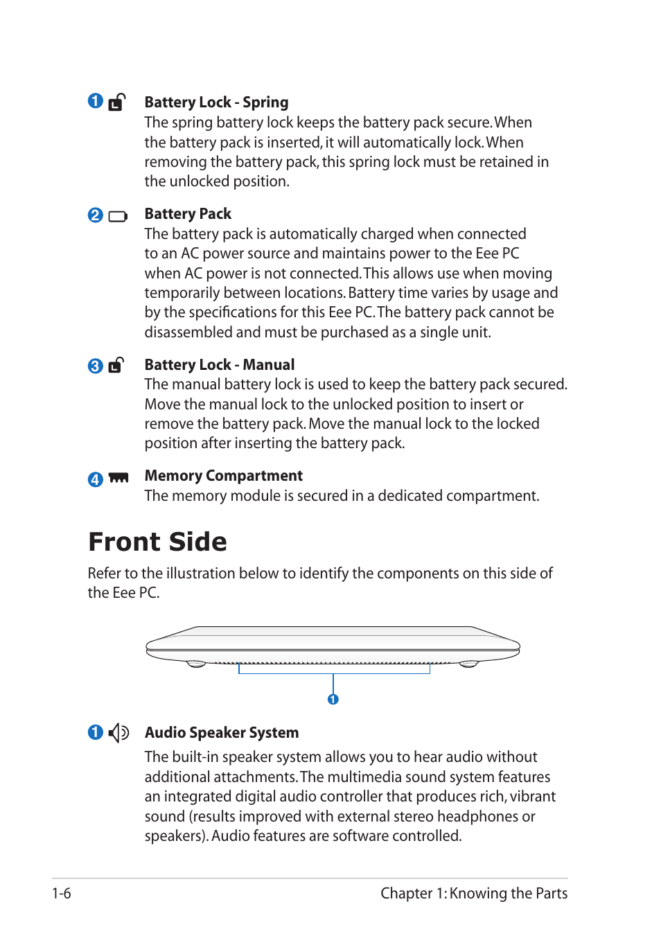 Front side, Front side -6 | Asus Eee PC 1001PQ User Manual | Page 14 / 72