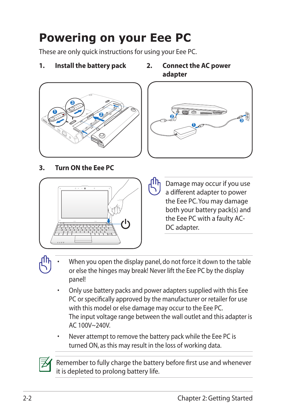 Powering on your eee pc, Powering on your eee pc -2, Chapter 2: getting started 2-2 | Asus Eee PC 1001PQ User Manual | Page 22 / 72