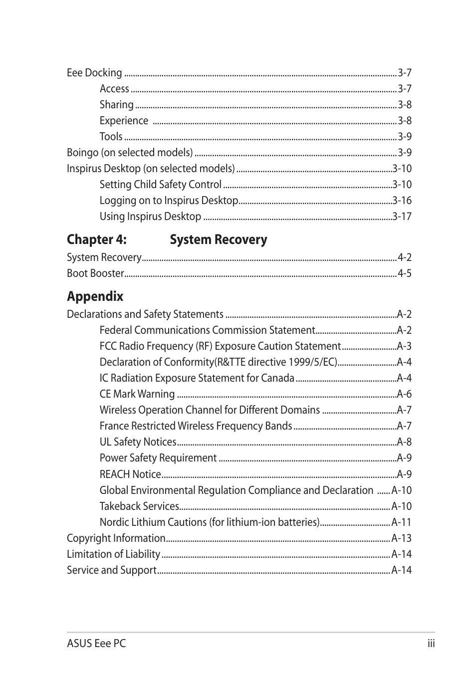 Chapter 4: system recovery, Appendix | Asus Eee PC 1001PQ User Manual | Page 3 / 72