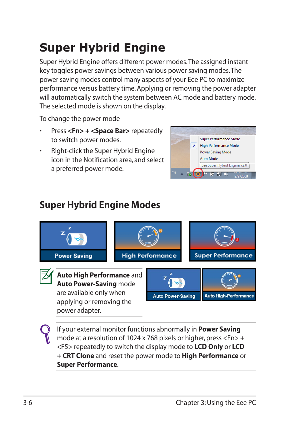 Super hybrid engine, Super hybrid engine modes, Super hybrid engine -6 | Super hybrid engine modes -6 | Asus Eee PC 1001PQ User Manual | Page 36 / 72