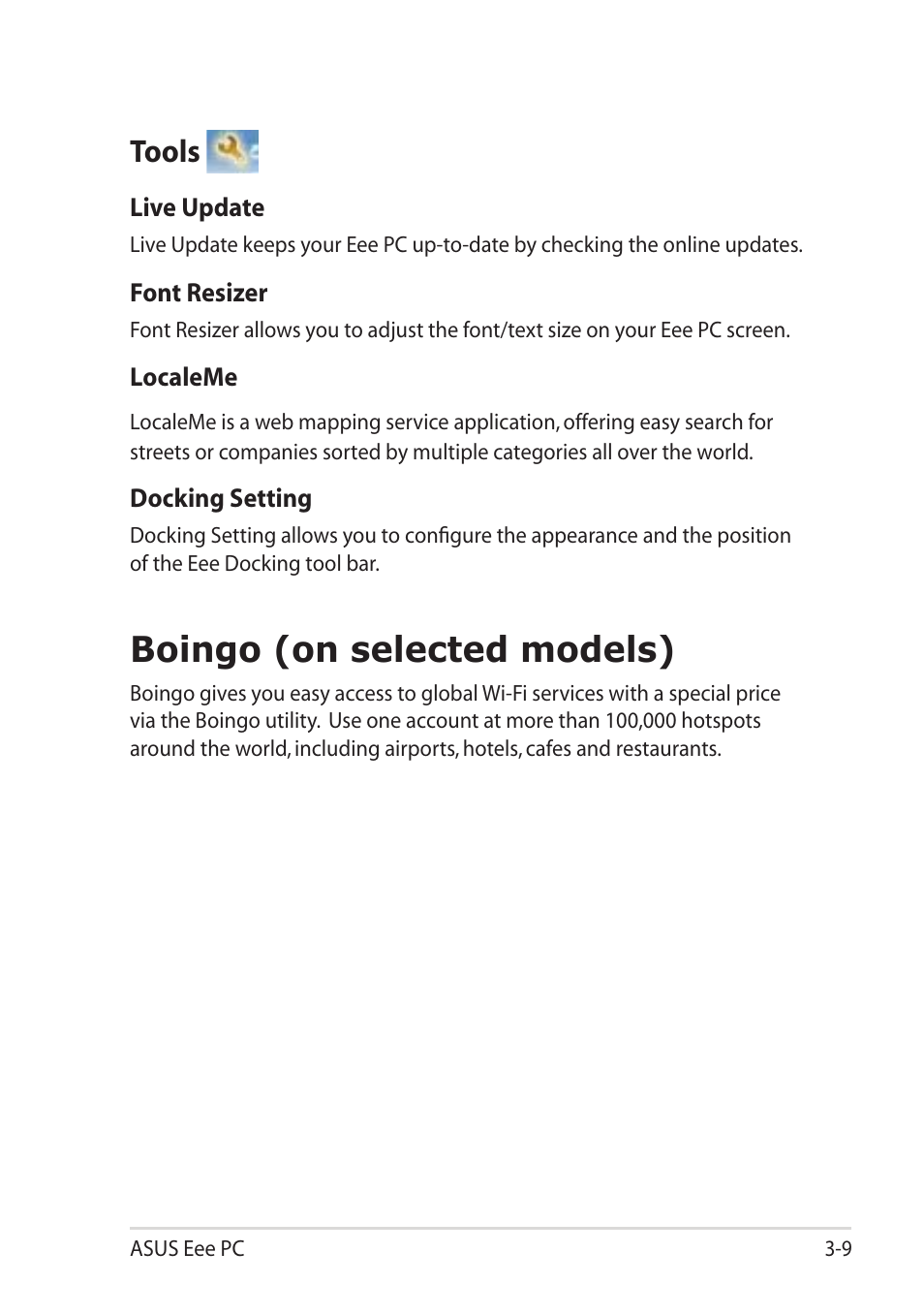 Tools, Boingo (on selected models), Tools -9 | Boingo (on selected models) -9 | Asus Eee PC 1001PQ User Manual | Page 39 / 72