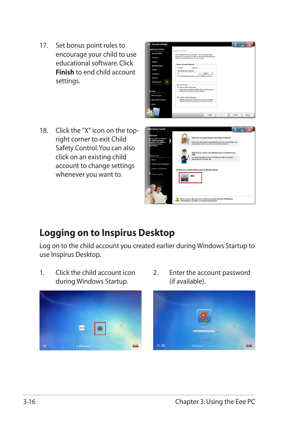 Logging on to inspirus desktop, Logging on to inspirus desktop -16 | Asus Eee PC 1001PQ User Manual | Page 46 / 72