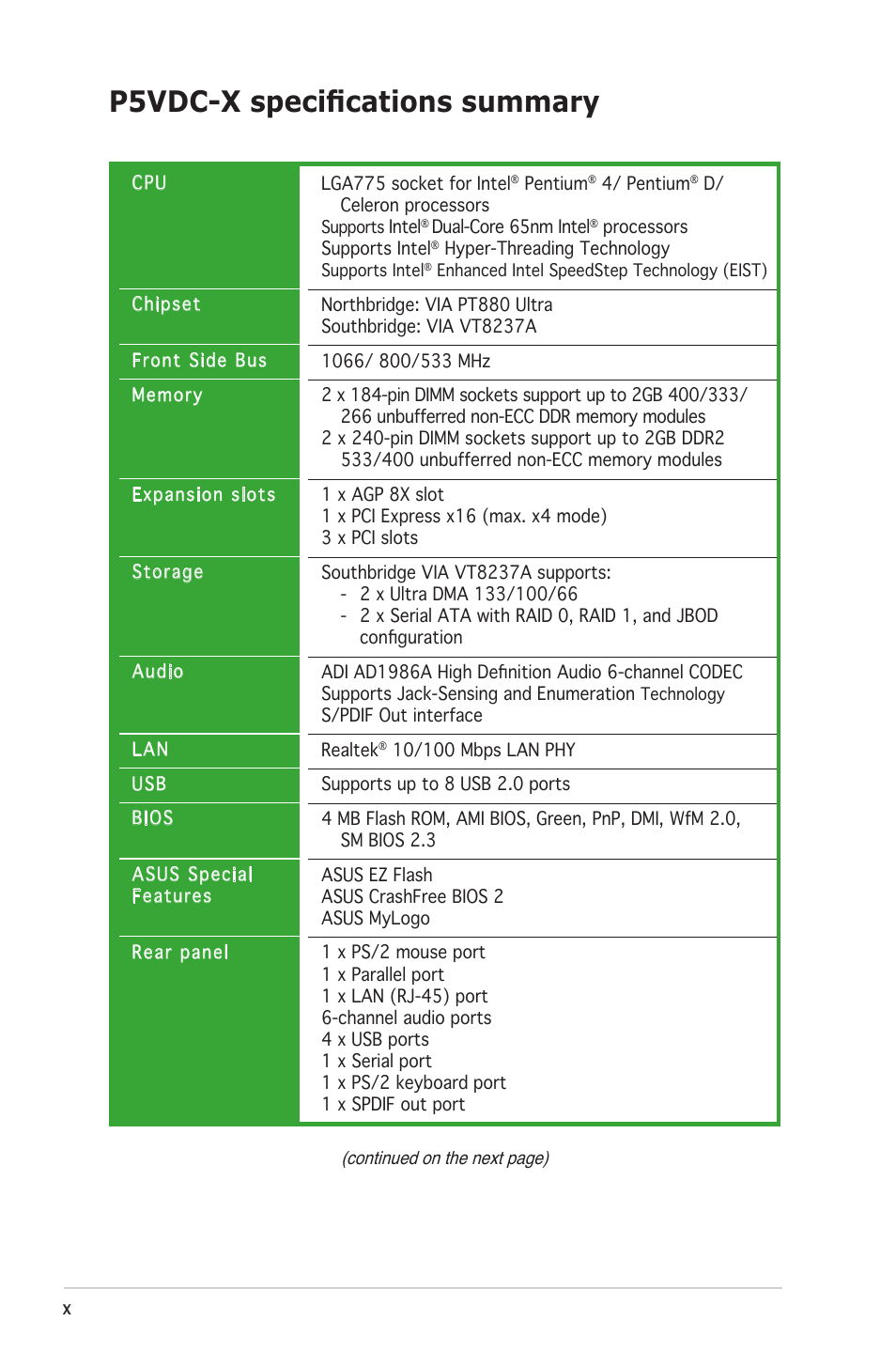 P5vdc-x speciﬁcations summary | Asus P5VDC-X User Manual | Page 10 / 92