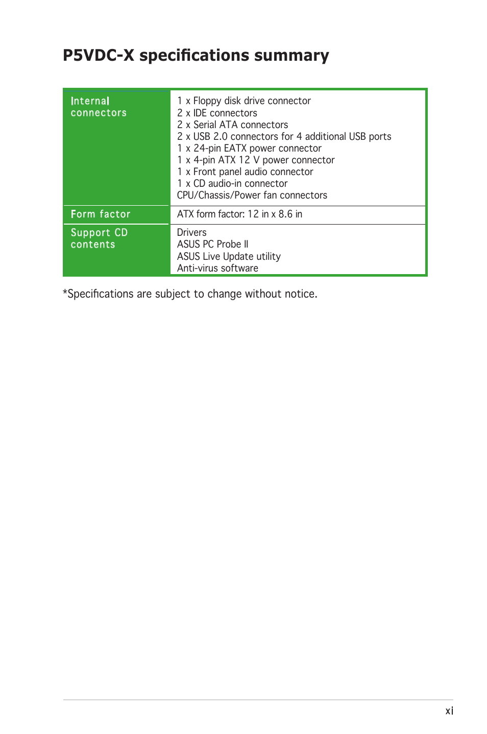 P5vdc-x speciﬁcations summary | Asus P5VDC-X User Manual | Page 11 / 92