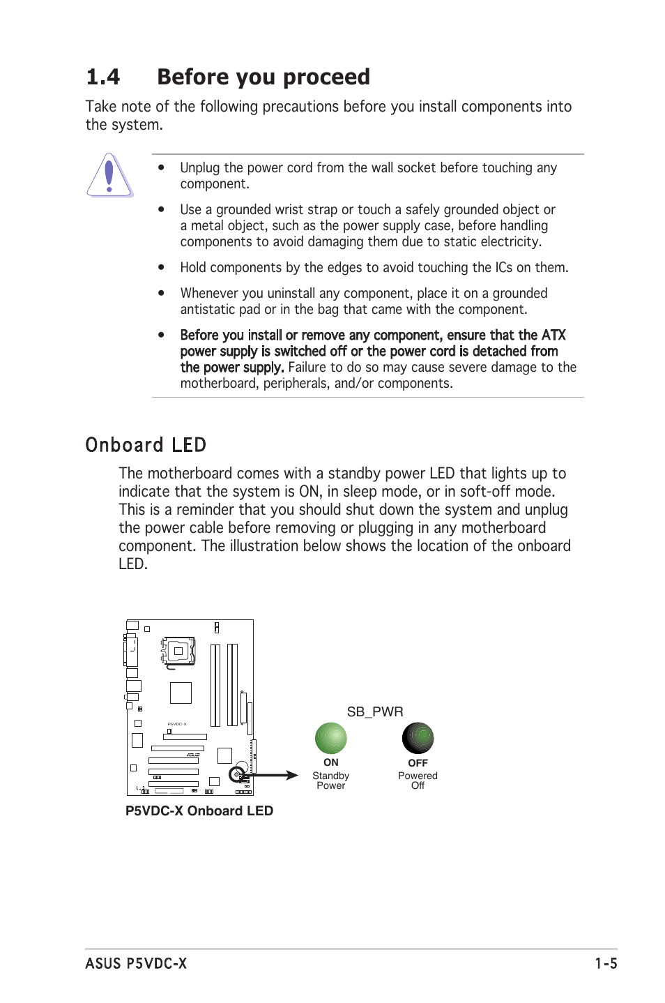 4 before you proceed, Onboard led | Asus P5VDC-X User Manual | Page 17 / 92