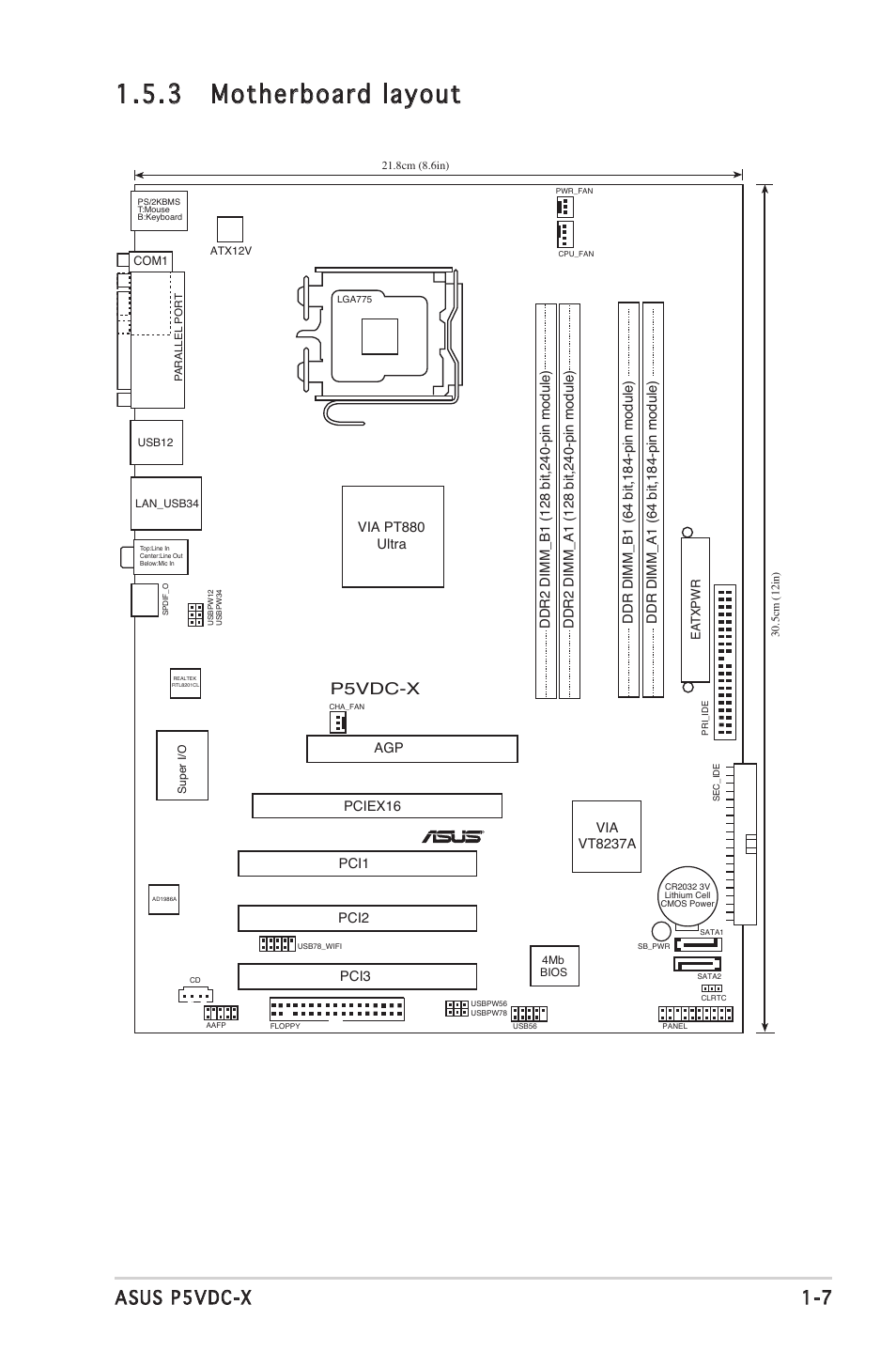 3 motherboard layout, 7 asus p5vdc-x, P5vdc-x | Asus P5VDC-X User Manual | Page 19 / 92
