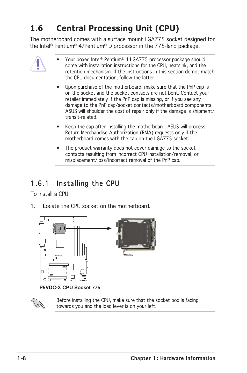 6 central processing unit (cpu), 1 installing the cpu | Asus P5VDC-X User Manual | Page 20 / 92