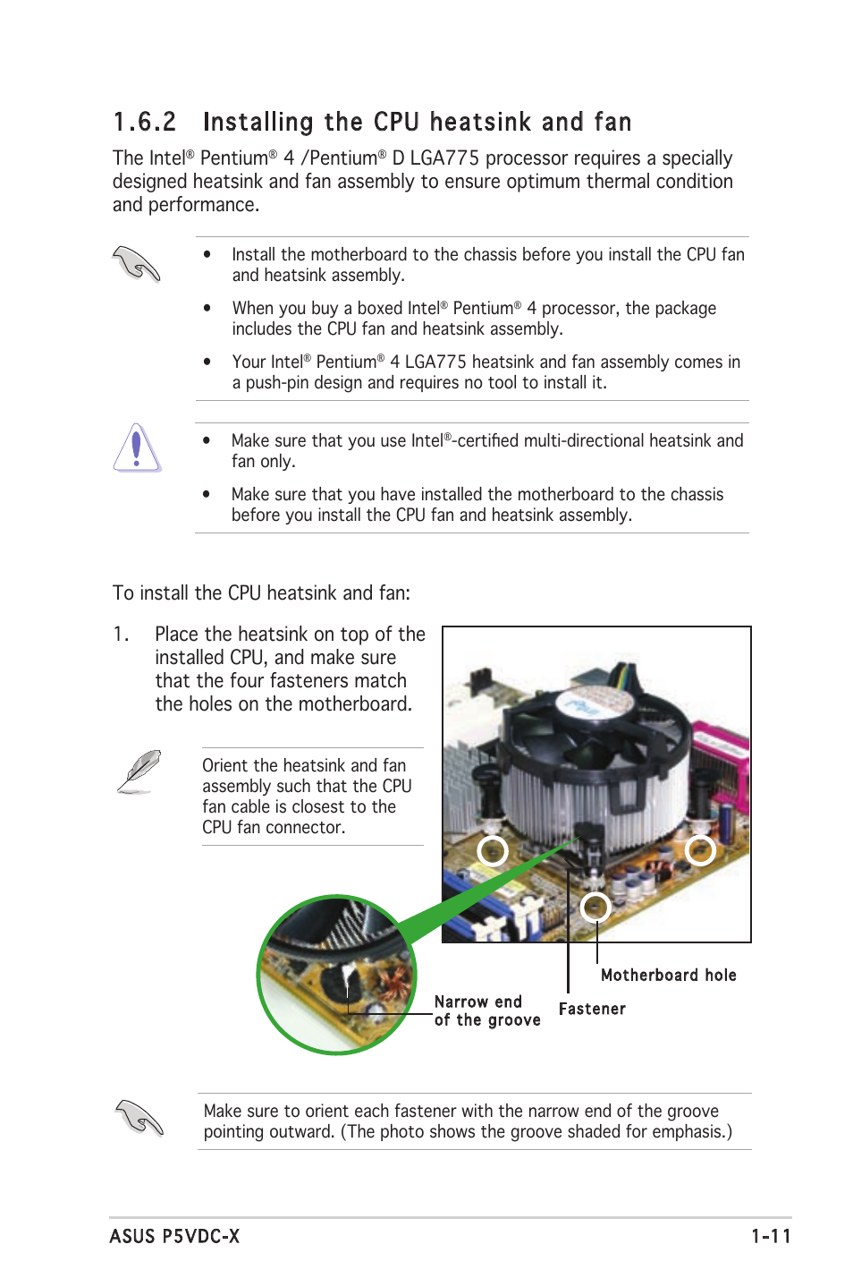 2 installing the cpu heatsink and fan | Asus P5VDC-X User Manual | Page 23 / 92