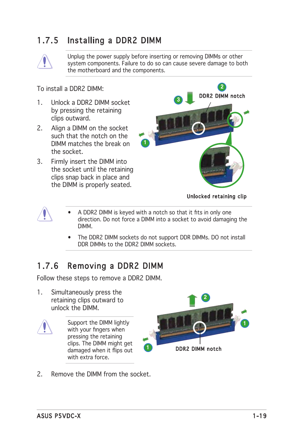 5 installing a ddr2 dimm, 6 removing a ddr2 dimm | Asus P5VDC-X User Manual | Page 31 / 92