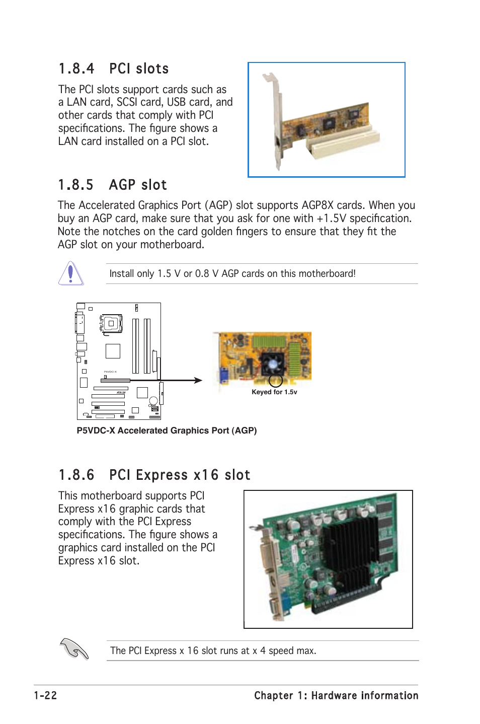 4 pci slots, 6 pci express x16 slot, 5 agp slot | Asus P5VDC-X User Manual | Page 34 / 92