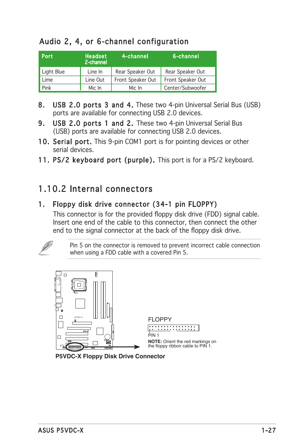 2 internal connectors, Audio 2, 4, or 6-channel configuration | Asus P5VDC-X User Manual | Page 39 / 92