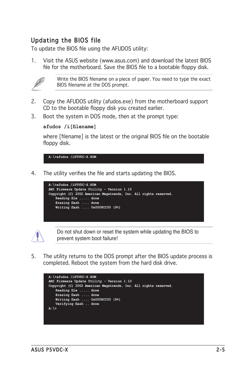 Updating the bios file | Asus P5VDC-X User Manual | Page 51 / 92