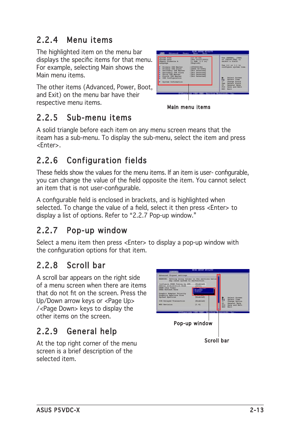 4 menu items, 5 sub-menu items, 6 configuration fields | 7 pop-up window, 8 scroll bar, 9 general help, Asus p5vdc-x 2-13 | Asus P5VDC-X User Manual | Page 59 / 92