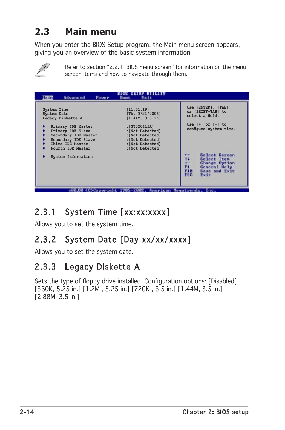3 main menu, 3 legacy diskette a, Allows you to set the system time | Allows you to set the system date | Asus P5VDC-X User Manual | Page 60 / 92
