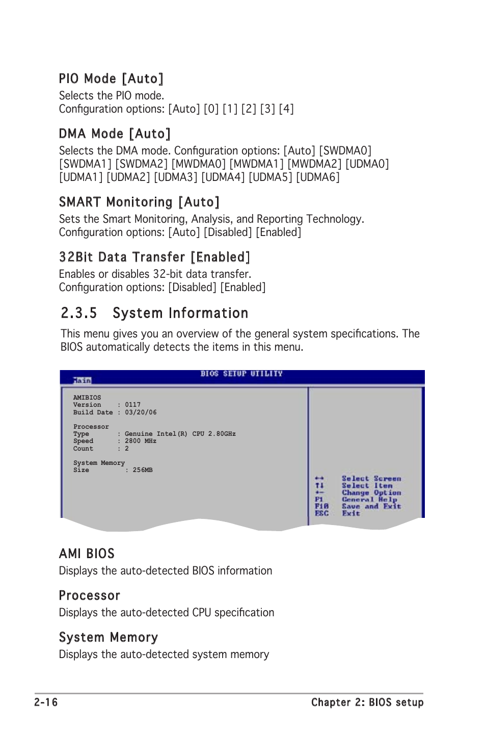 5 system information, Ami bios, Processor | Pio mode [auto, Dma mode [auto, Smart monitoring [auto, 32bit data transfer [enabled | Asus P5VDC-X User Manual | Page 62 / 92