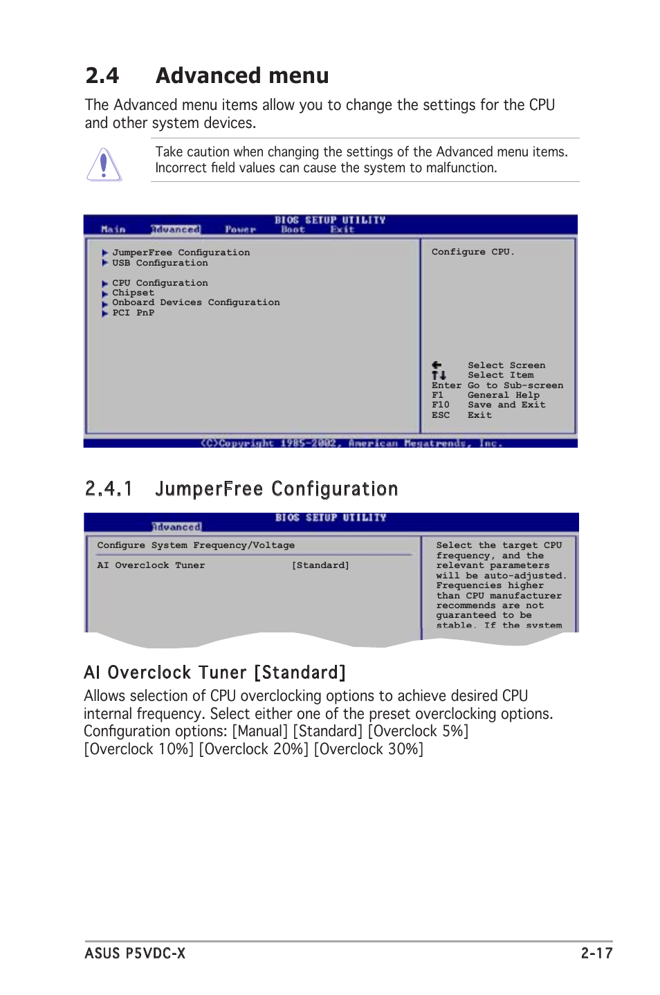 4 advanced menu, 1 jumperfree configuration, Ai overclock tuner [standard | Asus P5VDC-X User Manual | Page 63 / 92