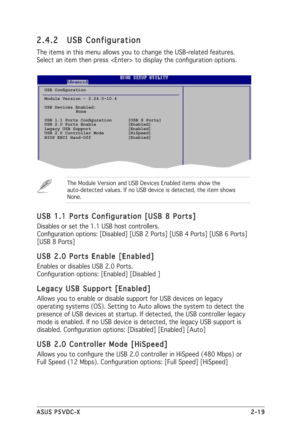 2 usb configuration, Usb 1.1 ports configuration [usb 8 ports, Usb 2.0 ports enable [enabled | Legacy usb support [enabled, Usb 2.0 controller mode [hispeed | Asus P5VDC-X User Manual | Page 65 / 92