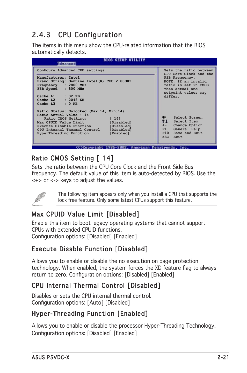 3 cpu configuration, Max cpuid value limit [disabled, Execute disable function [disabled | Cpu internal thermal control [disabled, Hyper-threading function [enabled, Ratio cmos setting [ 14 | Asus P5VDC-X User Manual | Page 67 / 92