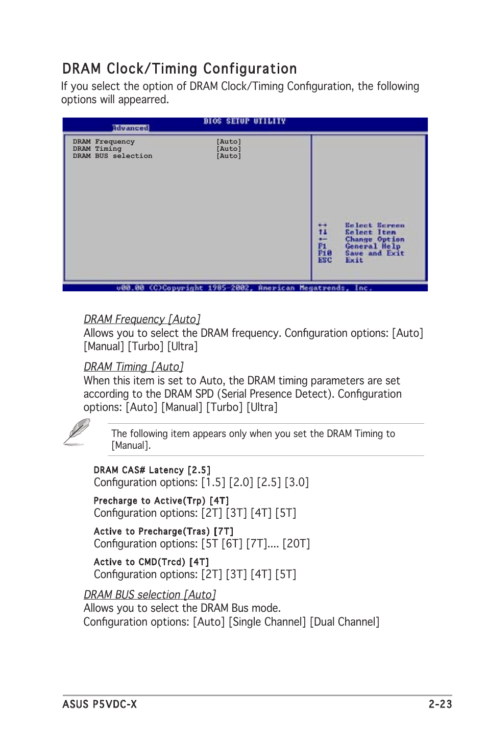 Dram clock/timing configuration | Asus P5VDC-X User Manual | Page 69 / 92