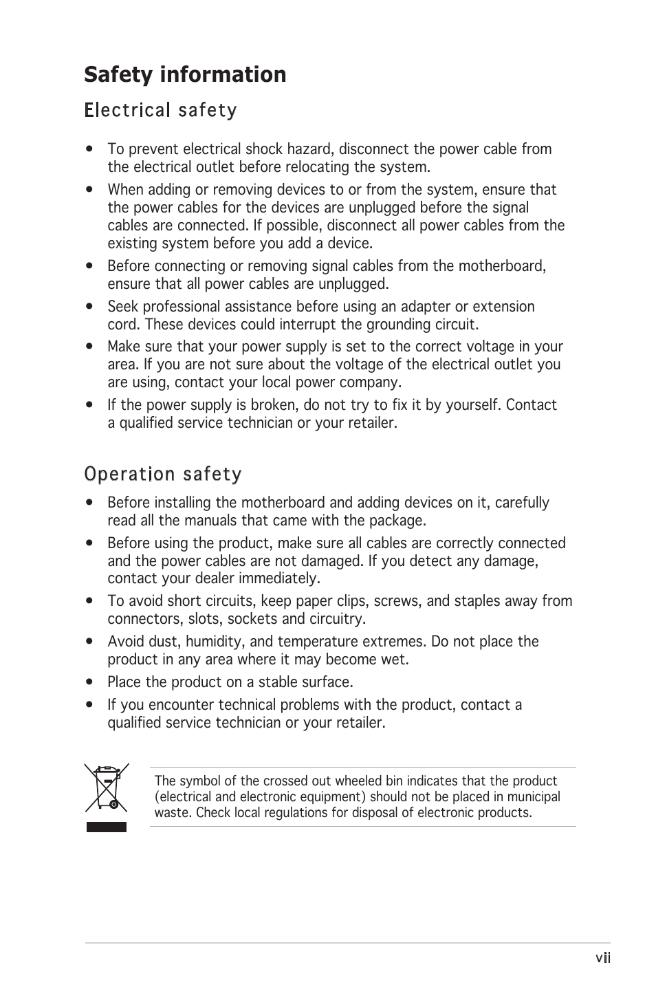 Safety information, Electrical safety, Operation safety | Asus P5VDC-X User Manual | Page 7 / 92