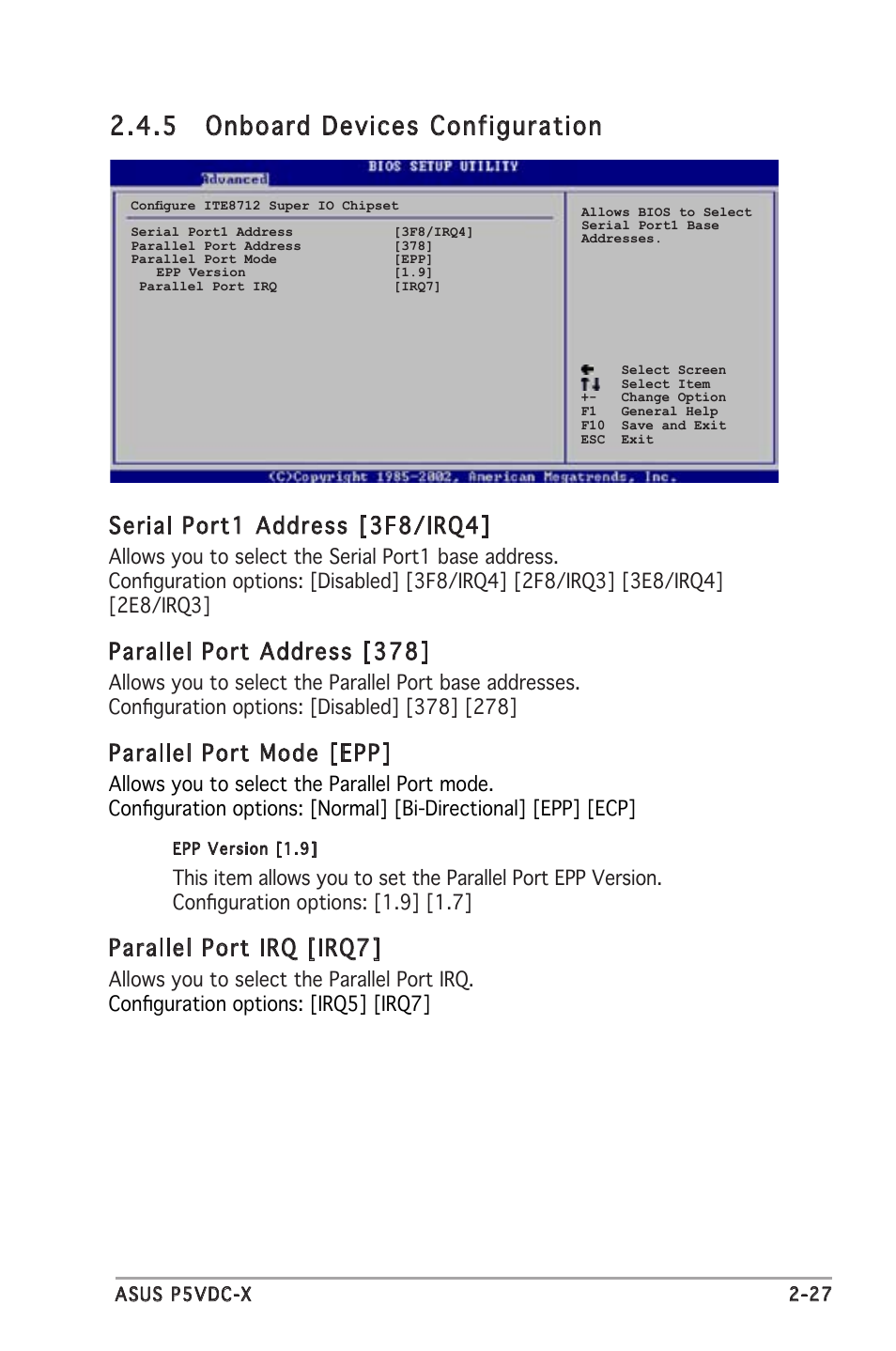 5 onboard devices configuration, Serial port1 address [3f8/irq4, Parallel port address [378 | Parallel port mode [epp, Parallel port irq [irq7 | Asus P5VDC-X User Manual | Page 73 / 92