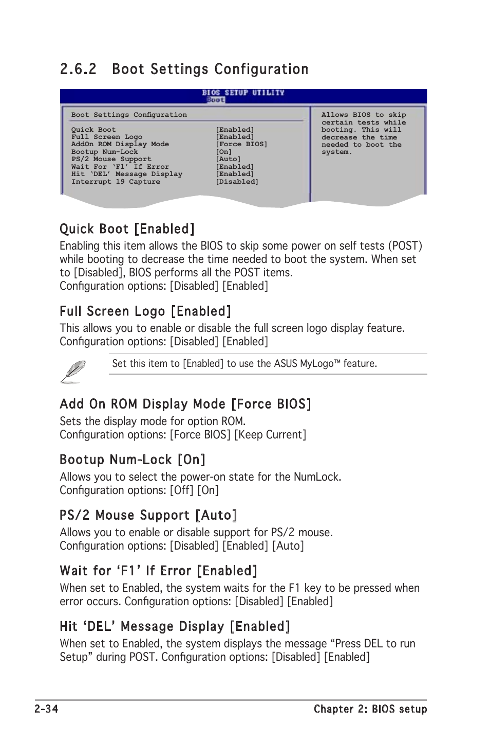 2 boot settings configuration, Quick boot [enabled, Full screen logo [enabled | Add on rom display mode [force bios, Bootup num-lock [on, Ps/2 mouse support [auto, Wait for ʻf1ʼ if error [enabled, Hit ʻdelʼ message display [enabled | Asus P5VDC-X User Manual | Page 80 / 92