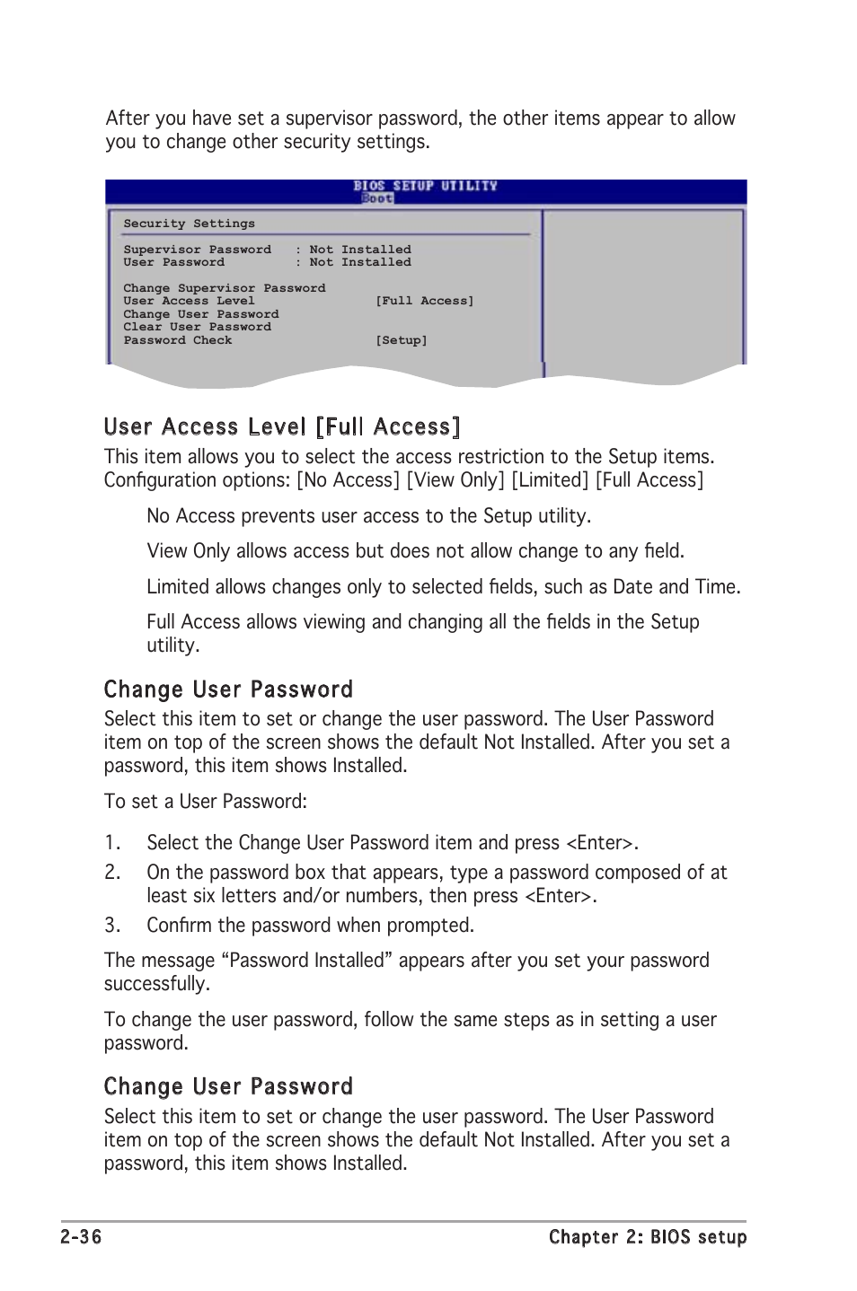 User access level [full access, Change user password | Asus P5VDC-X User Manual | Page 82 / 92