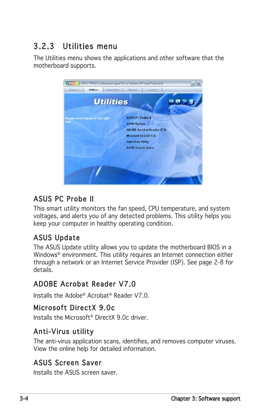 3 utilities menu, Asus pc probe ii, Asus update | Adobe acrobat reader v7.0, Microsoft directx 9.0c, Anti-virus utility, Asus screen saver | Asus P5VDC-X User Manual | Page 88 / 92