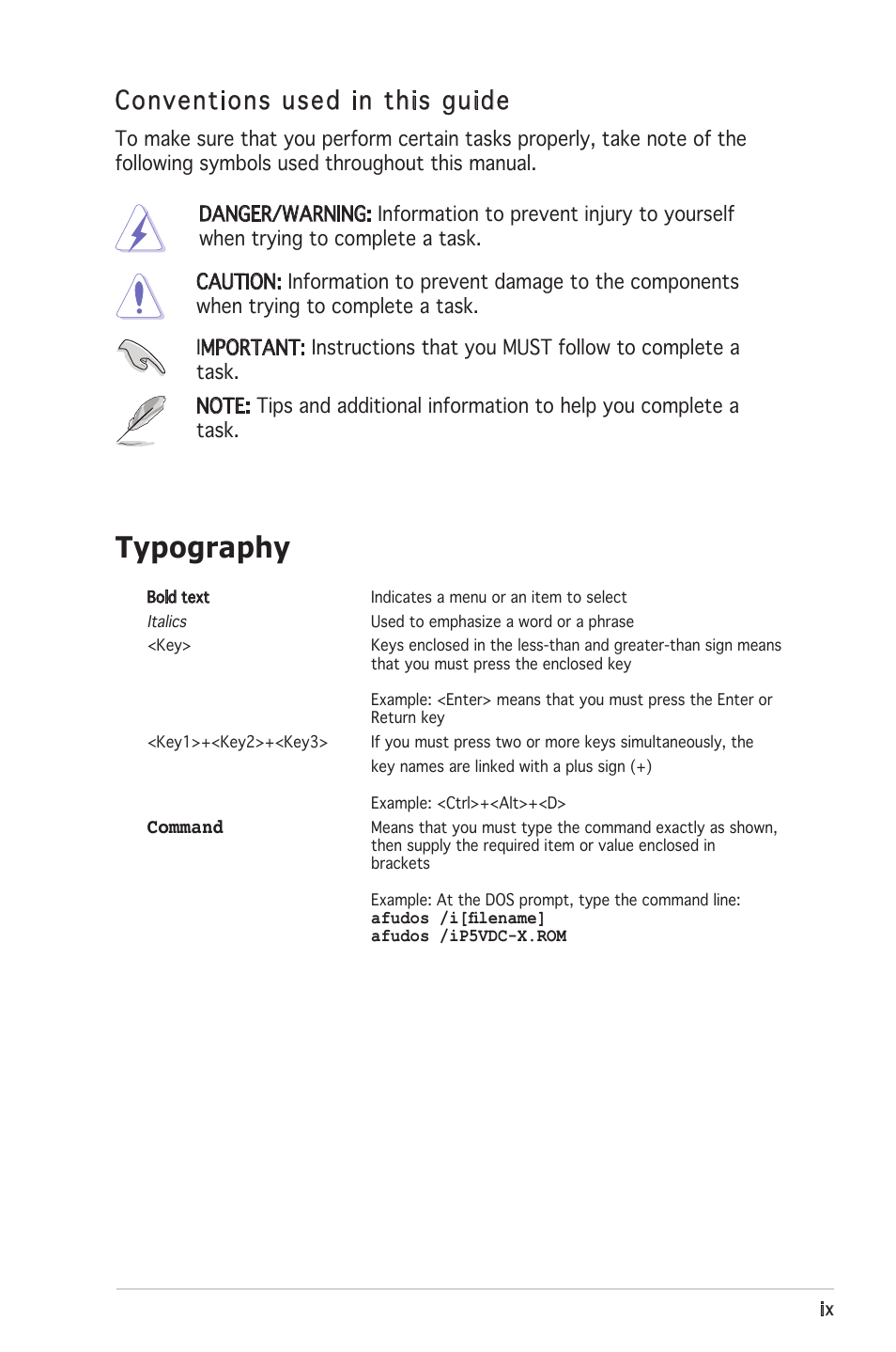 Typography, Conventions used in this guide | Asus P5VDC-X User Manual | Page 9 / 92